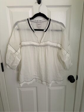 Maeve by Anthropologie White Blouse with Black Contrast Trim
